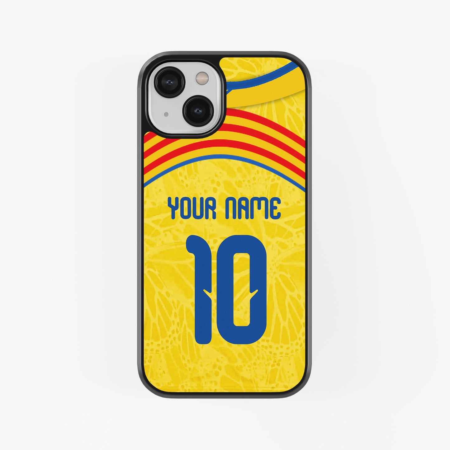 Phone case with a yellow background, blue number 10, and red and blue stripes on a white background