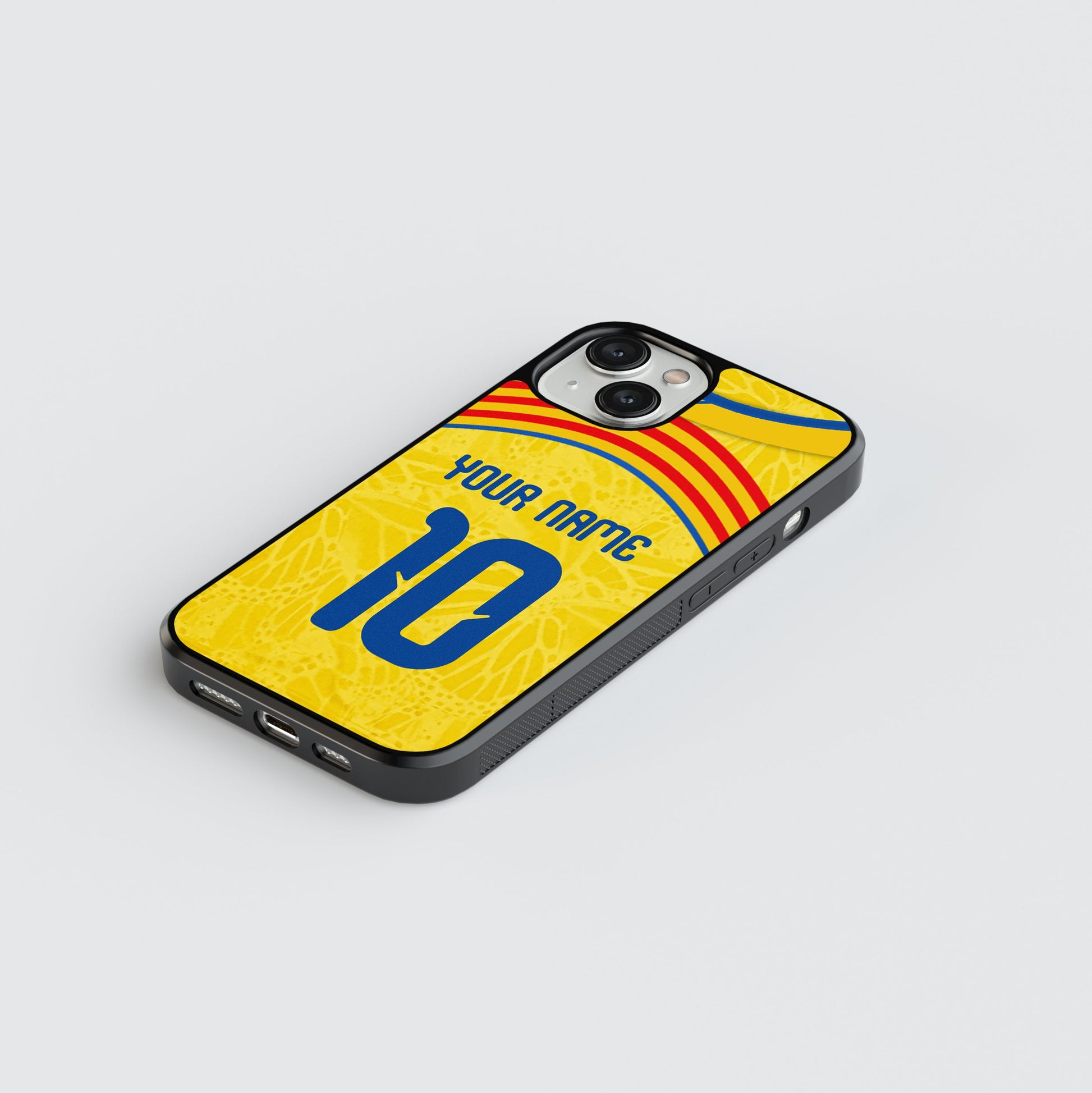 Phone case with customizable text on a light gray background