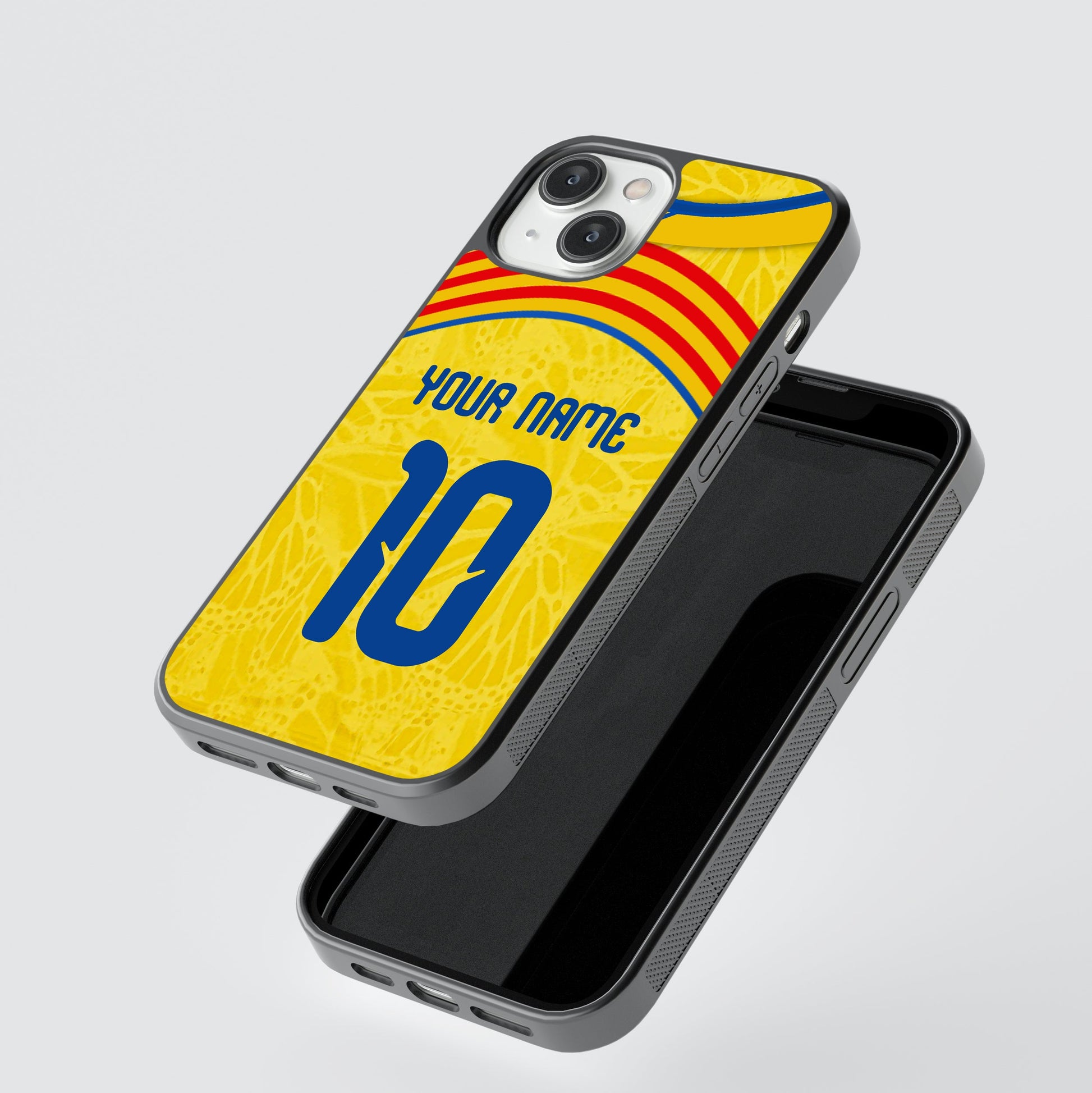 Phone case with a yellow background, blue number 10, and red stripes on a gray background