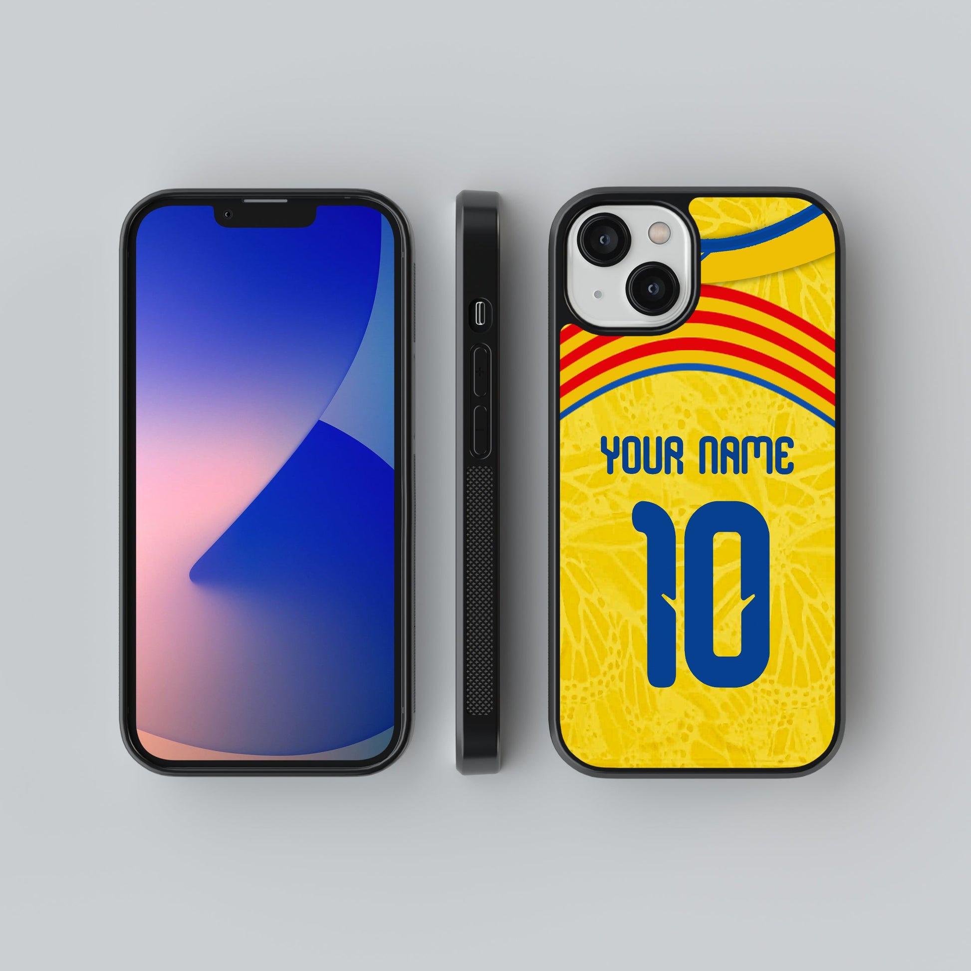 Phone case with a yellow and blue design and space for personalization on a gray background