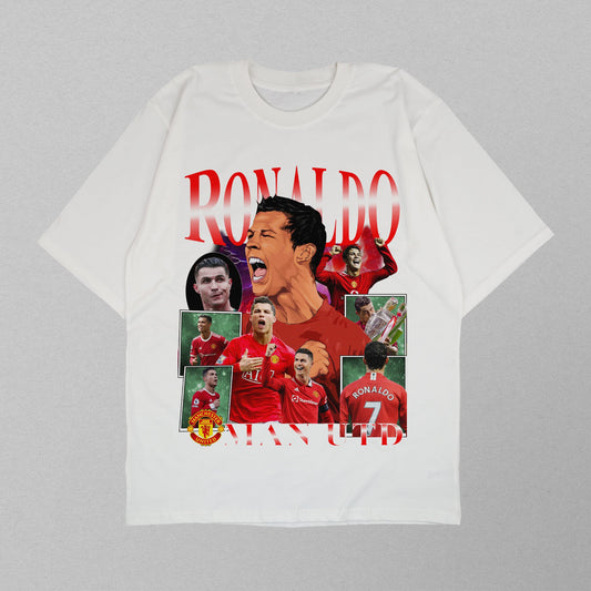 White t-shirt with images of a famous soccer player and text on a gray background