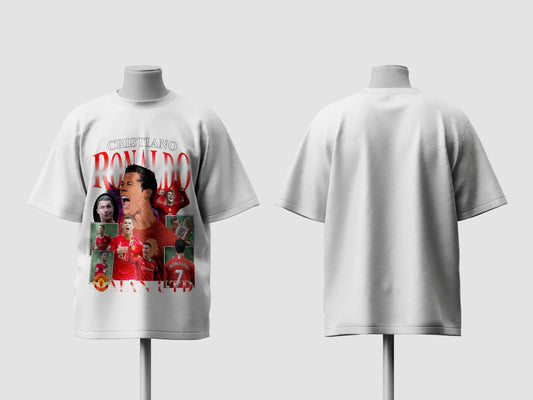 White t-shirt with a graphic design of a football player on a mannequin, with 'Cristiano Ronaldo' text.
