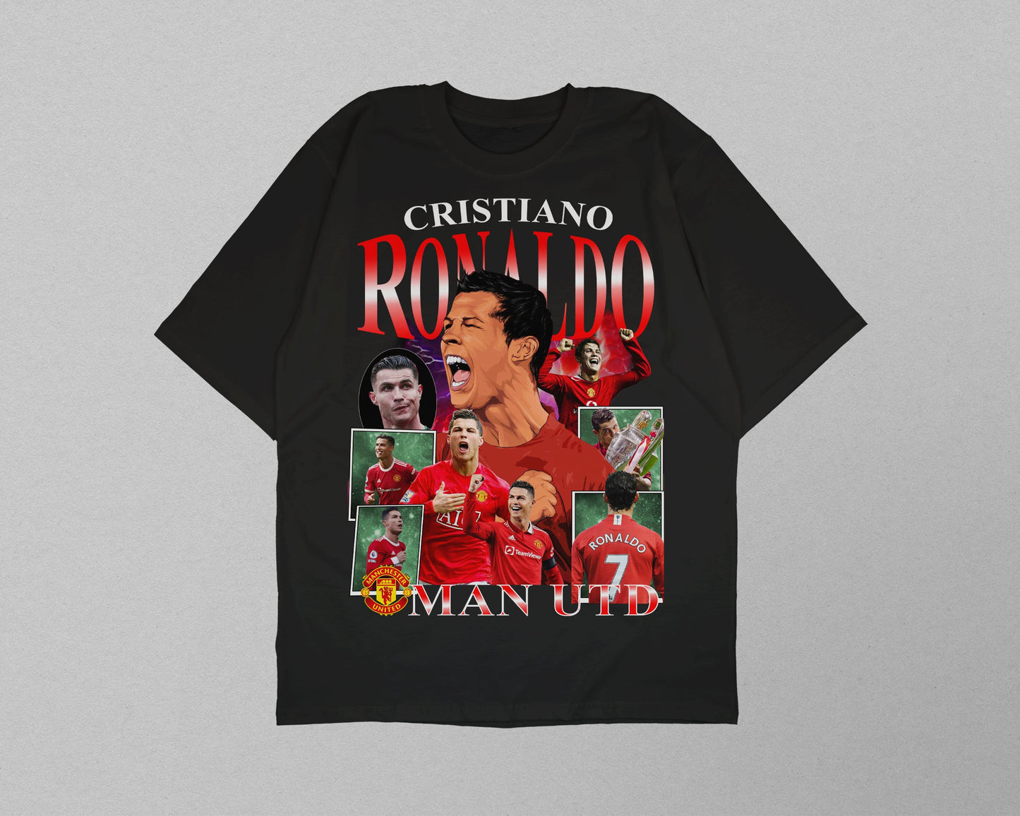 Side view of model wearing Cristiano Ronaldo Man Utd football graphic tee