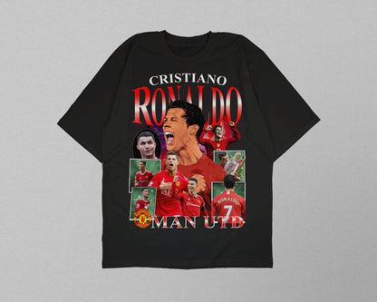 Side view of model wearing Cristiano Ronaldo Man Utd football graphic tee