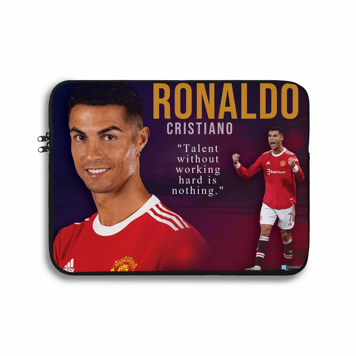 Laptop sleeve with Cristiano Ronaldo image and motivational quote on a dark background