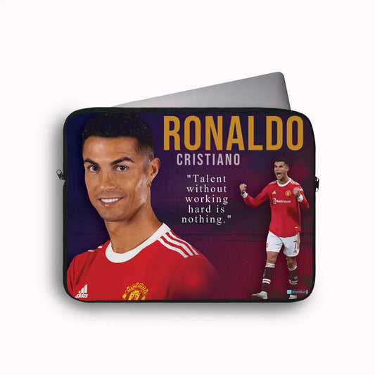 Laptop sleeve with Cristiano Ronaldo image and quote on a white background