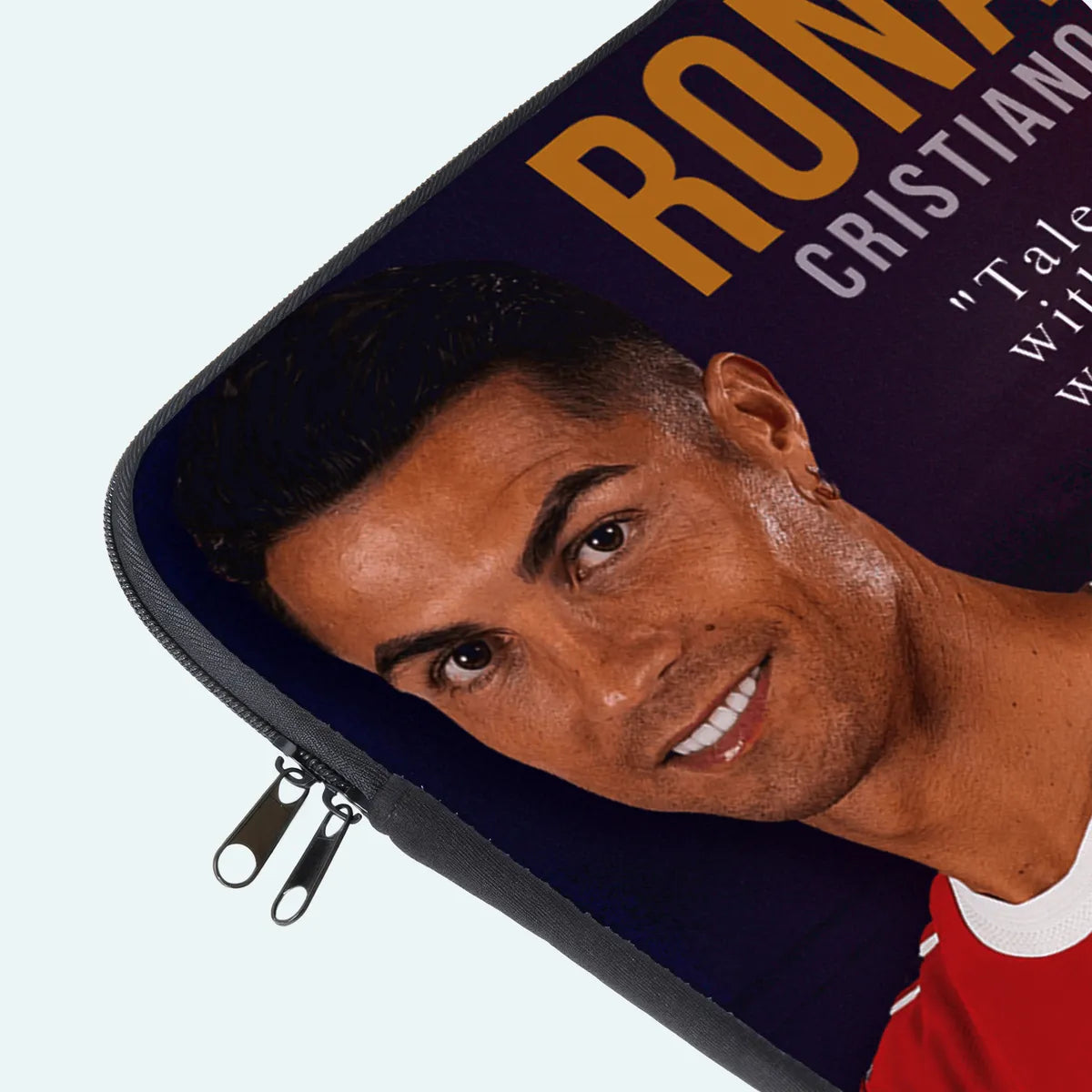 Laptop sleeve with a portrait of a famous sports figure on a blue background