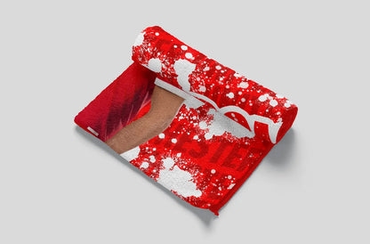 Red and white patterned pouch with a brand logo on a light gray background