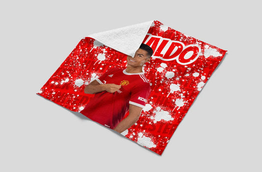 Red sports jersey with a player on a gray background