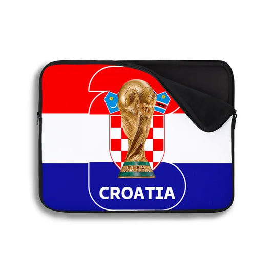 Laptop sleeve with Croatia flag and World Cup trophy design on a white background