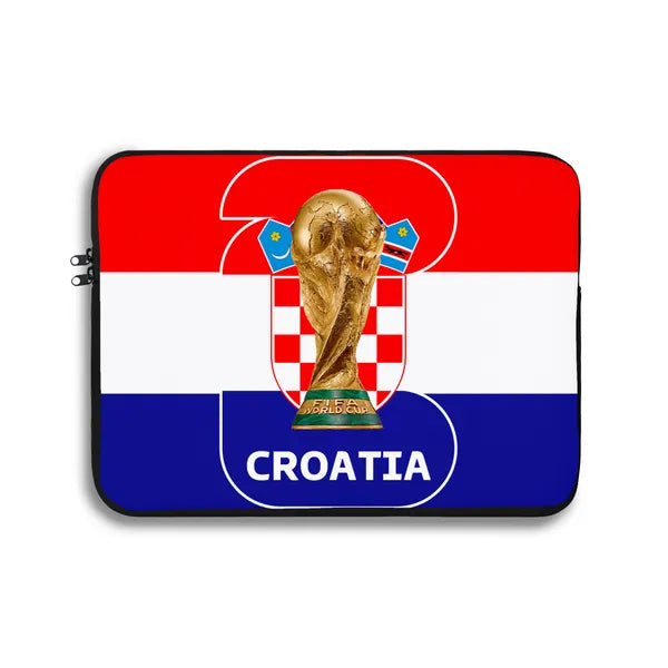 Laptop sleeve with Croatia flag and World Cup trophy design on a white background