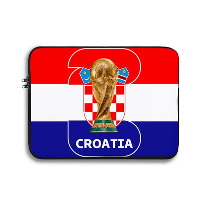 Laptop sleeve with Croatia flag and World Cup trophy design on a white background