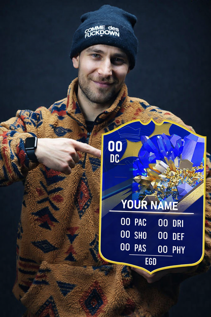 Man pointing to a digital character card with customizable stats on a dark background