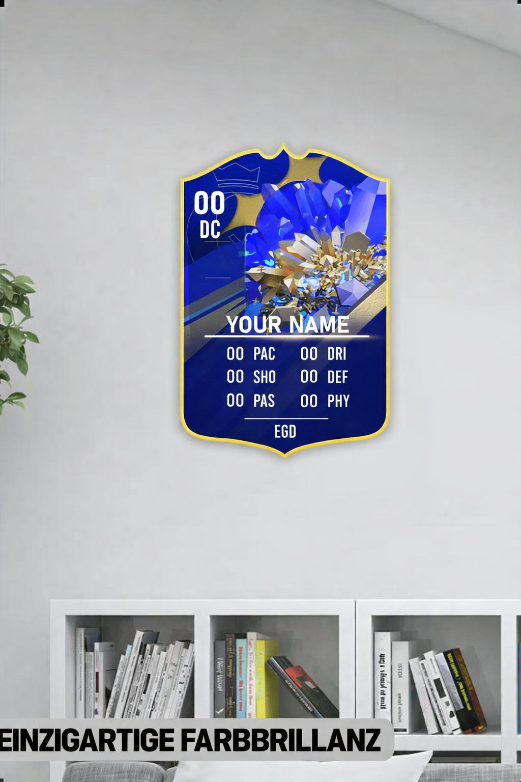 Decorative wall panel with blue and gold design on a white wall.