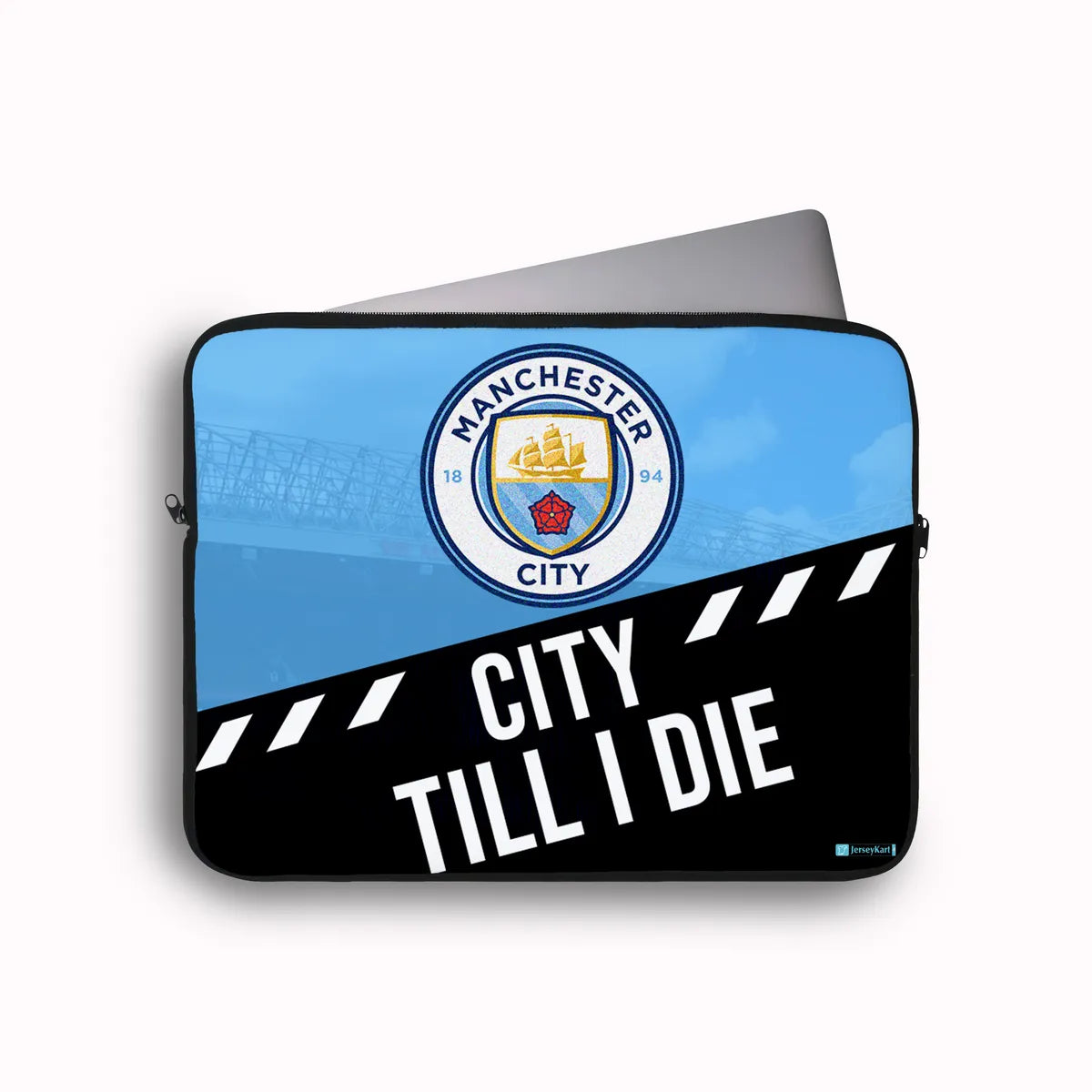 Laptop sleeve with Manchester City logo and 'City Till I Die' text on a white background