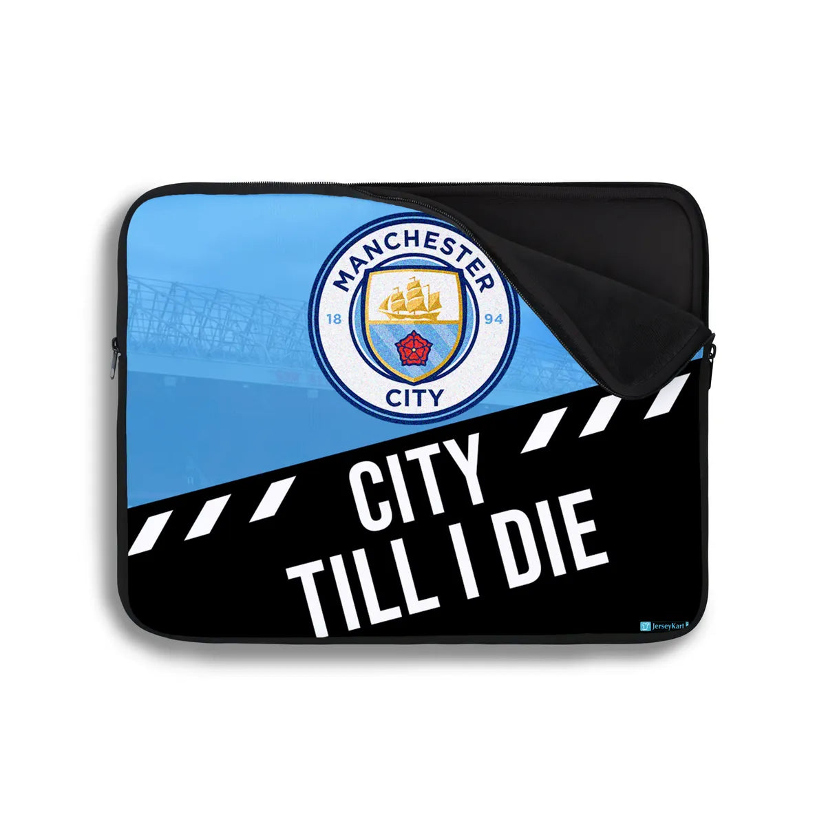 Manchester City-themed laptop sleeve with club logo and text on a white background