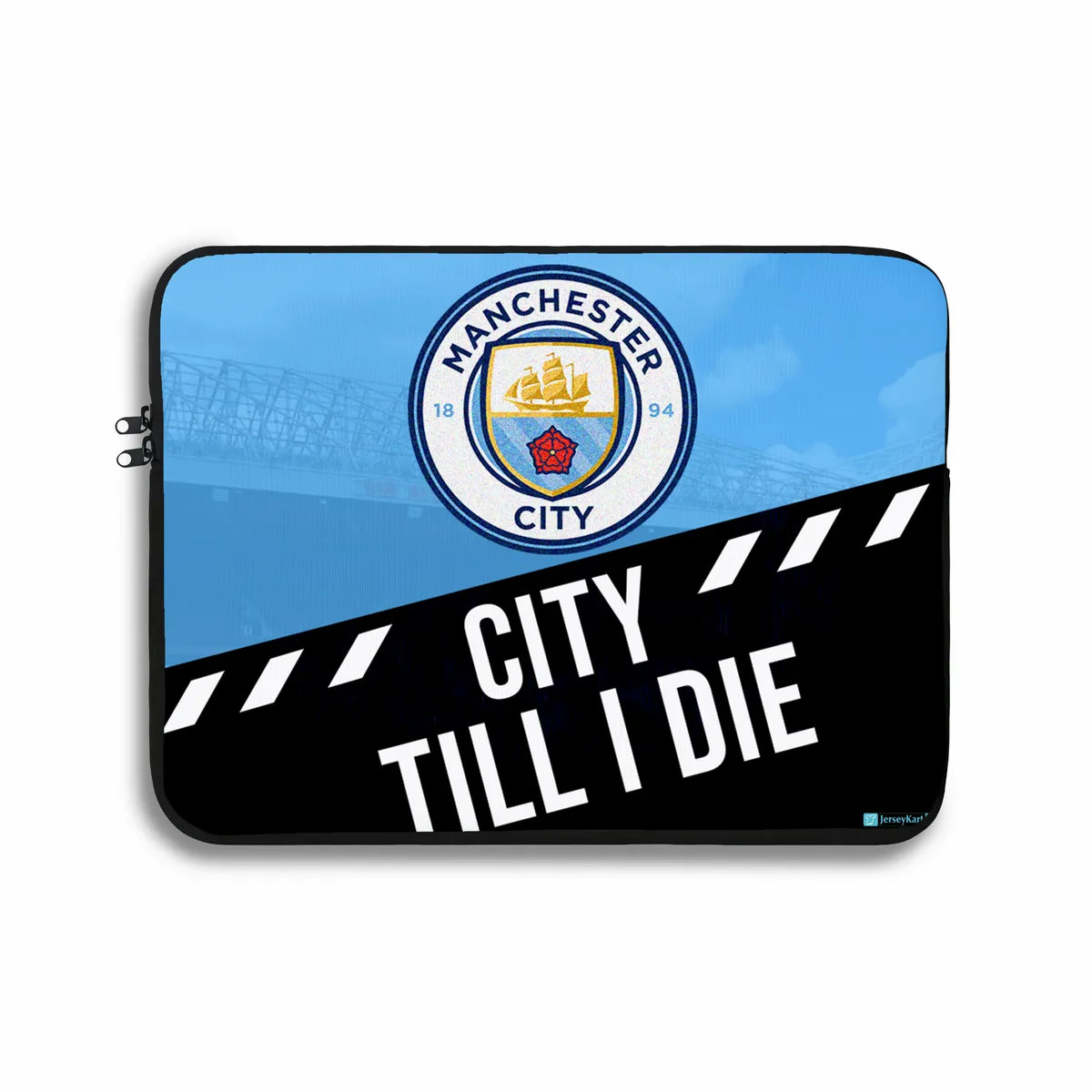 Laptop sleeve with Manchester City logo and 'City Till I Die' text on a blue and black background