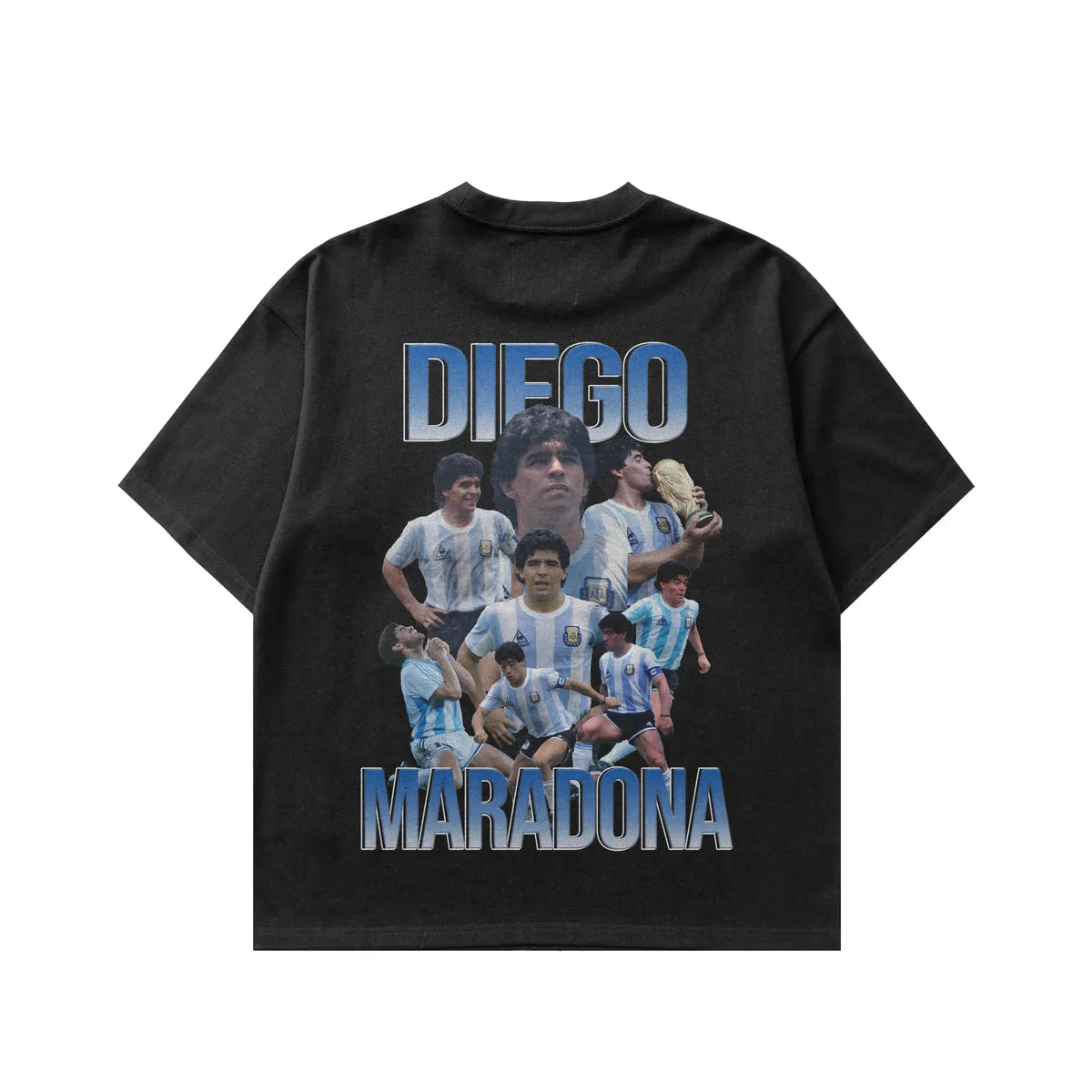 Black t-shirt with a graphic of Diego Maradona and Argentine soccer team on a white background