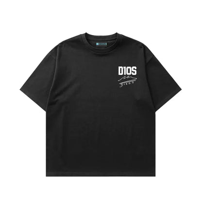 Black t-shirt with 'DIOS' logo on a white background