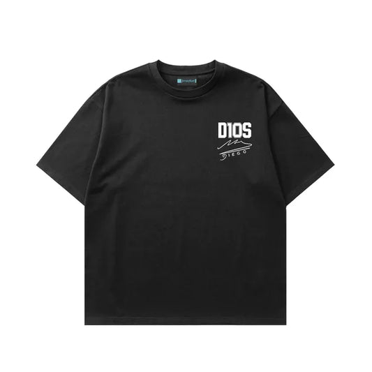 Black t-shirt with 'DIOS' logo on a white background