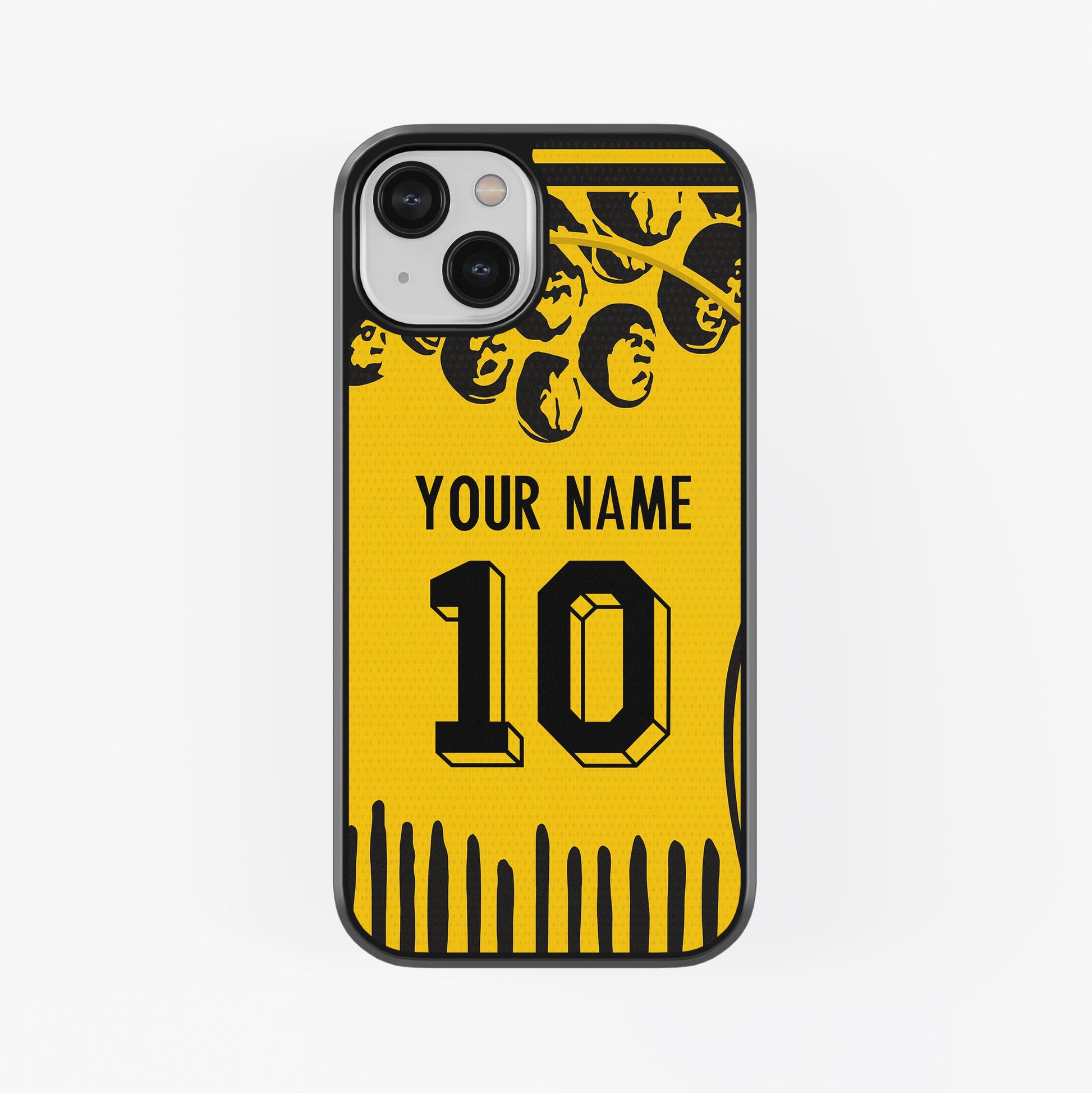 Yellow phone case with black text and design on a white background