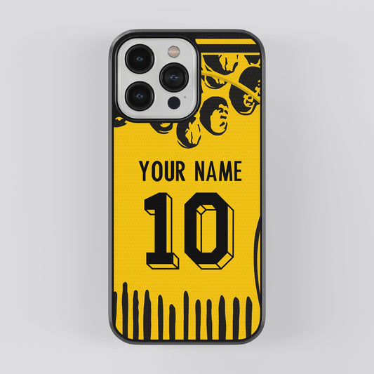 Phone case with customizable text on a yellow and black design