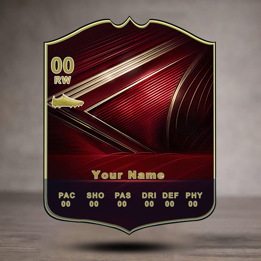 Decorative sports badge with a red and gold design on a gray background