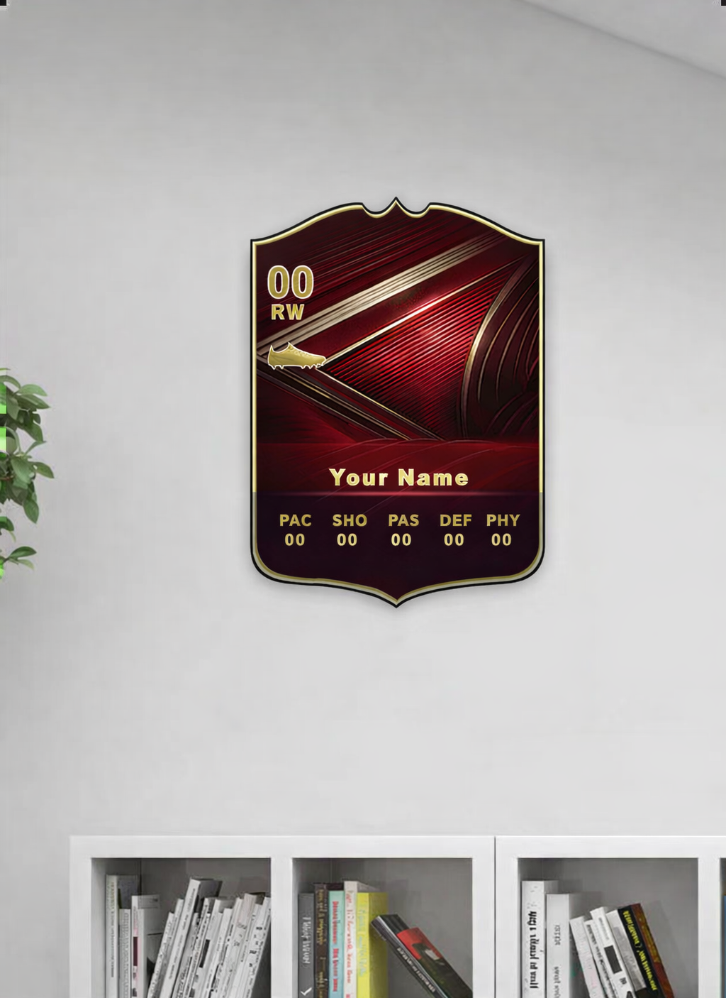 Personalized sports stats plaque on a wall with books below