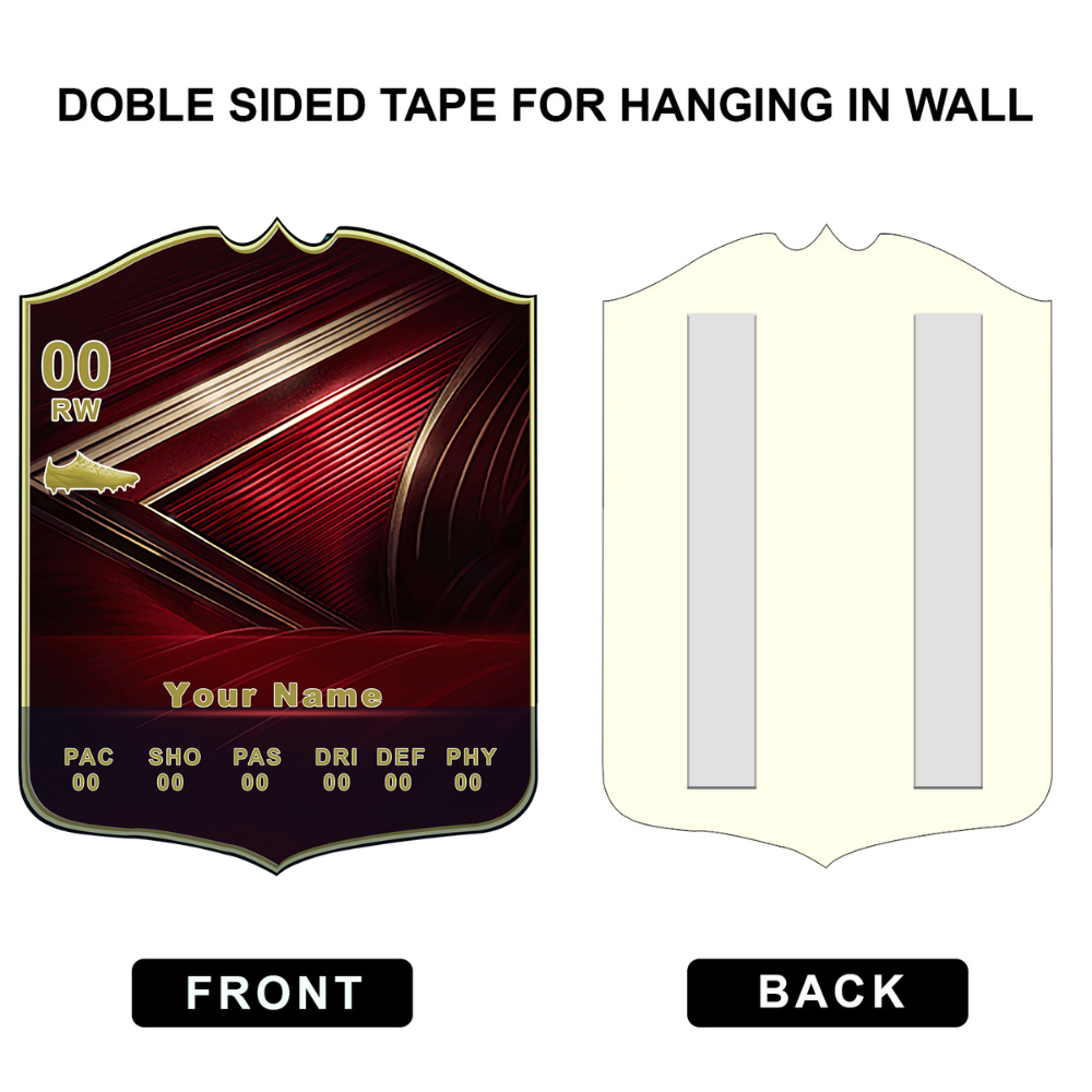 Card with double-sided tape for hanging on a wall, showing front and back views.
