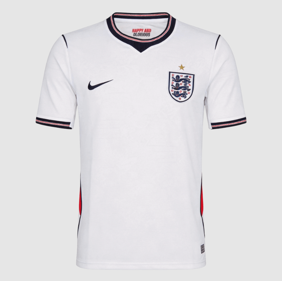 White soccer jersey with Nike logo and England national team emblem on a light gray background