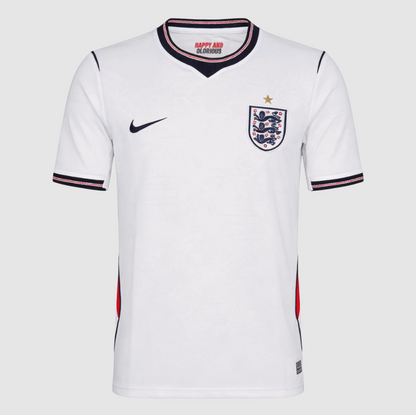 White soccer jersey with Nike logo and England national team emblem on a light gray background