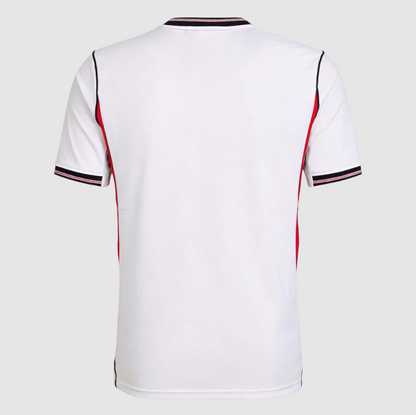 White t-shirt with black and red trim on a white background