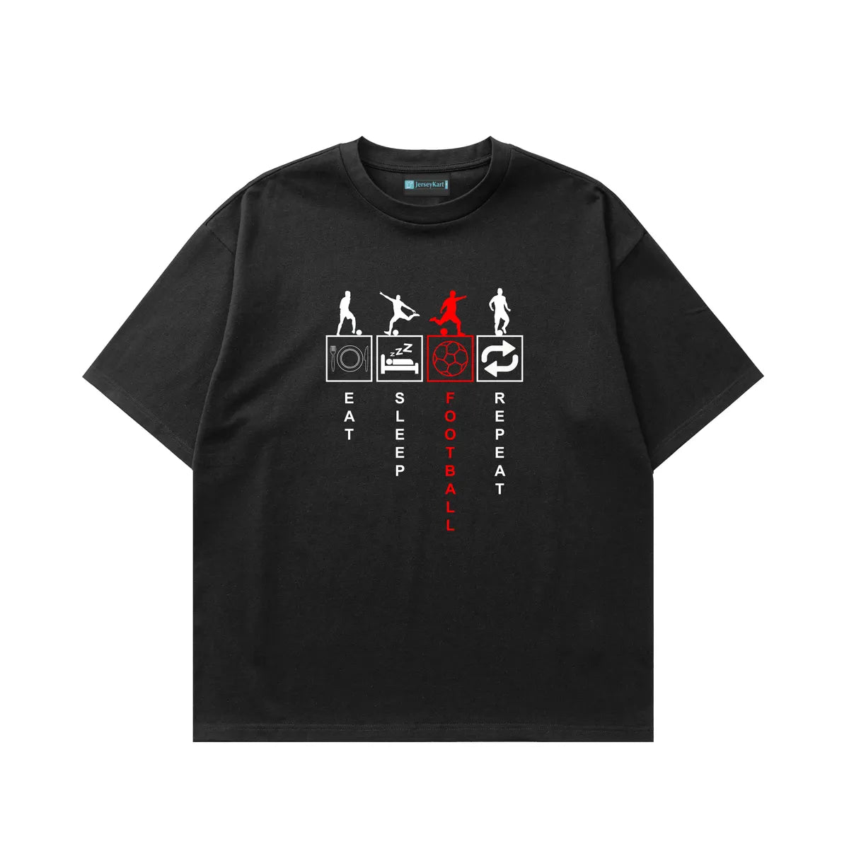 Black t-shirt with football-themed graphic on a white background