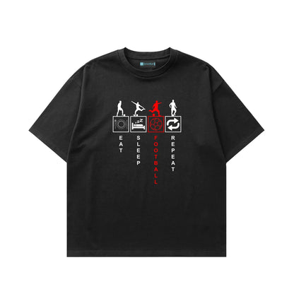 Black t-shirt with football-themed graphic on a white background