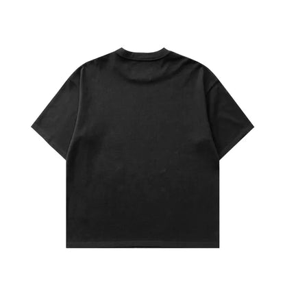 Black t-shirt with a logo on the chest against a white background