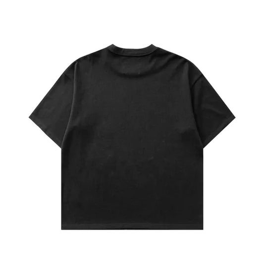 Black t-shirt with a logo on the chest against a white background
