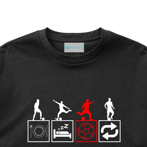 Black t-shirt with red and white graphic design on a white background