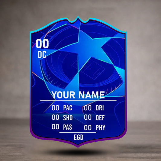 Blue and purple character card with star design on a wooden surface