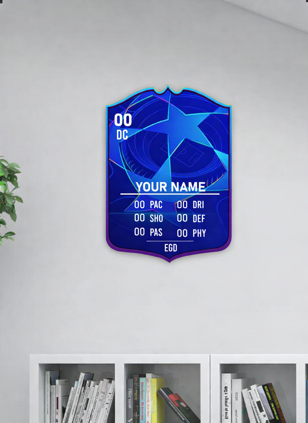 Blue shield-shaped sign with text on a white wall above a bookshelf.