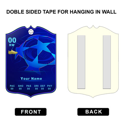 Blue star-shaped object with text and double-sided tape on a white background