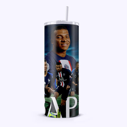 Tumbler with soccer player design and visible brand logo on a white background