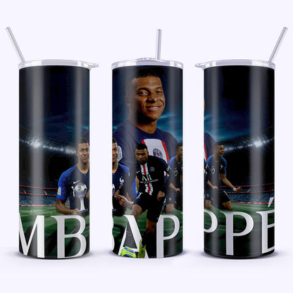 Three tumblers with a soccer player on the front, featuring the brand 'MBAPPE'.
