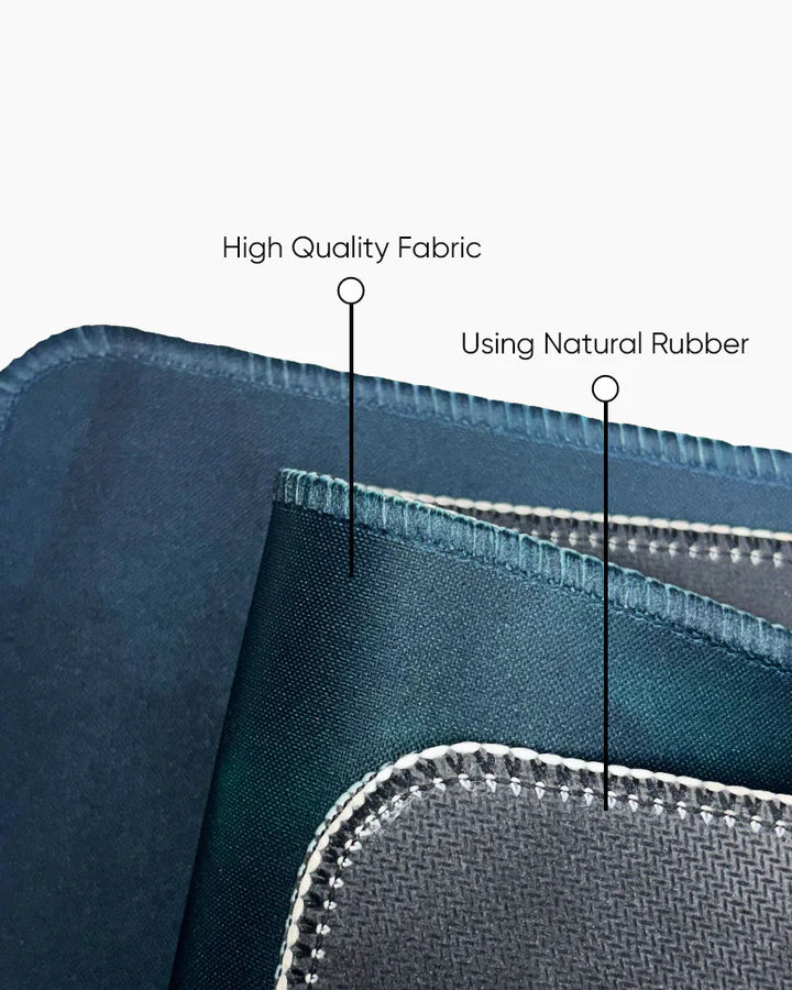 Close-up of high-quality fabric with natural rubber usage text overlay