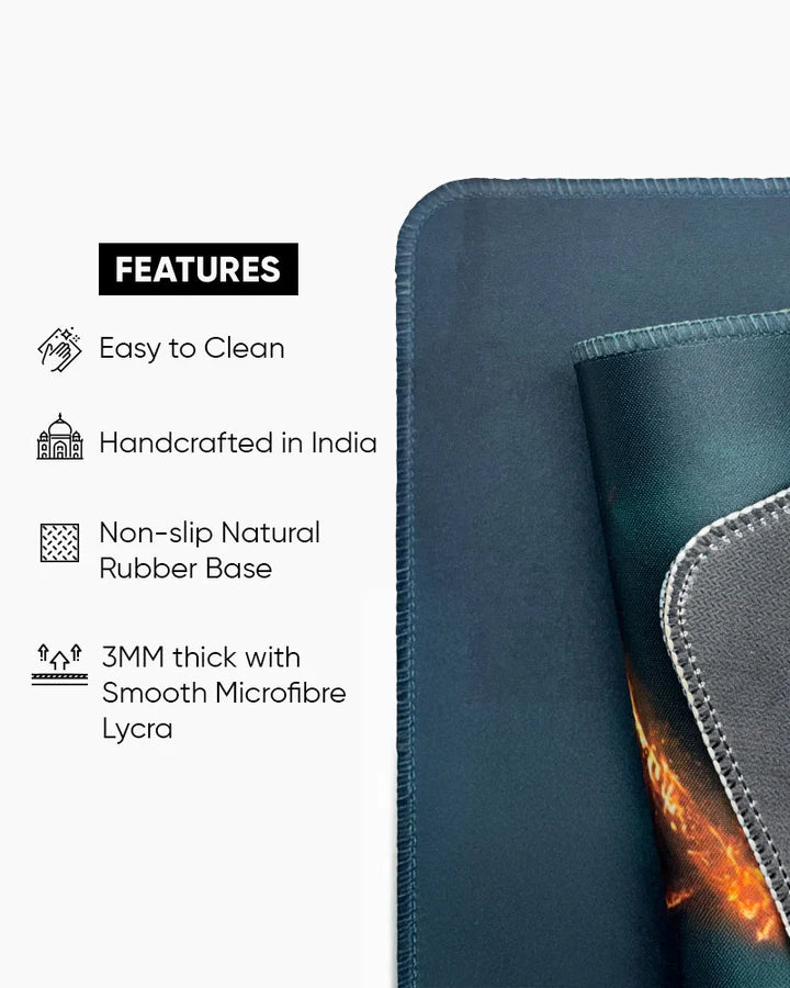 Blue mouse pad with features listed on a white background