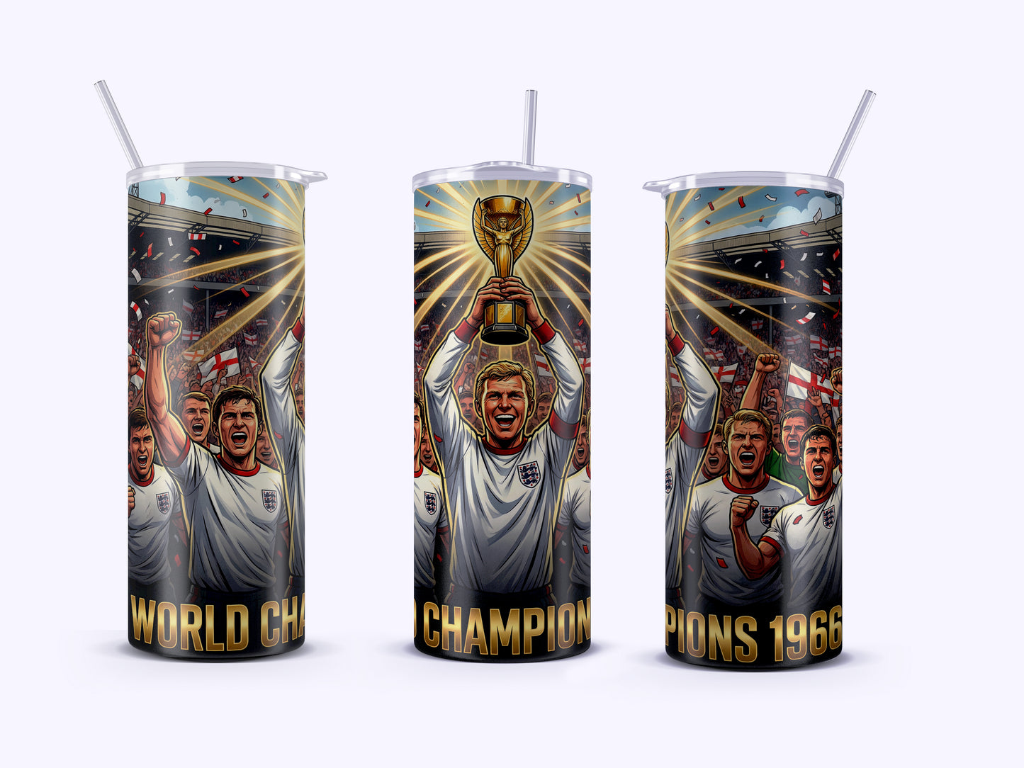 Three tumblers with sports-themed designs featuring athletes and trophies on a white background.