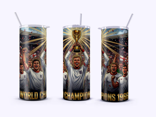 Three tumblers with sports-themed designs featuring athletes and trophies on a white background.