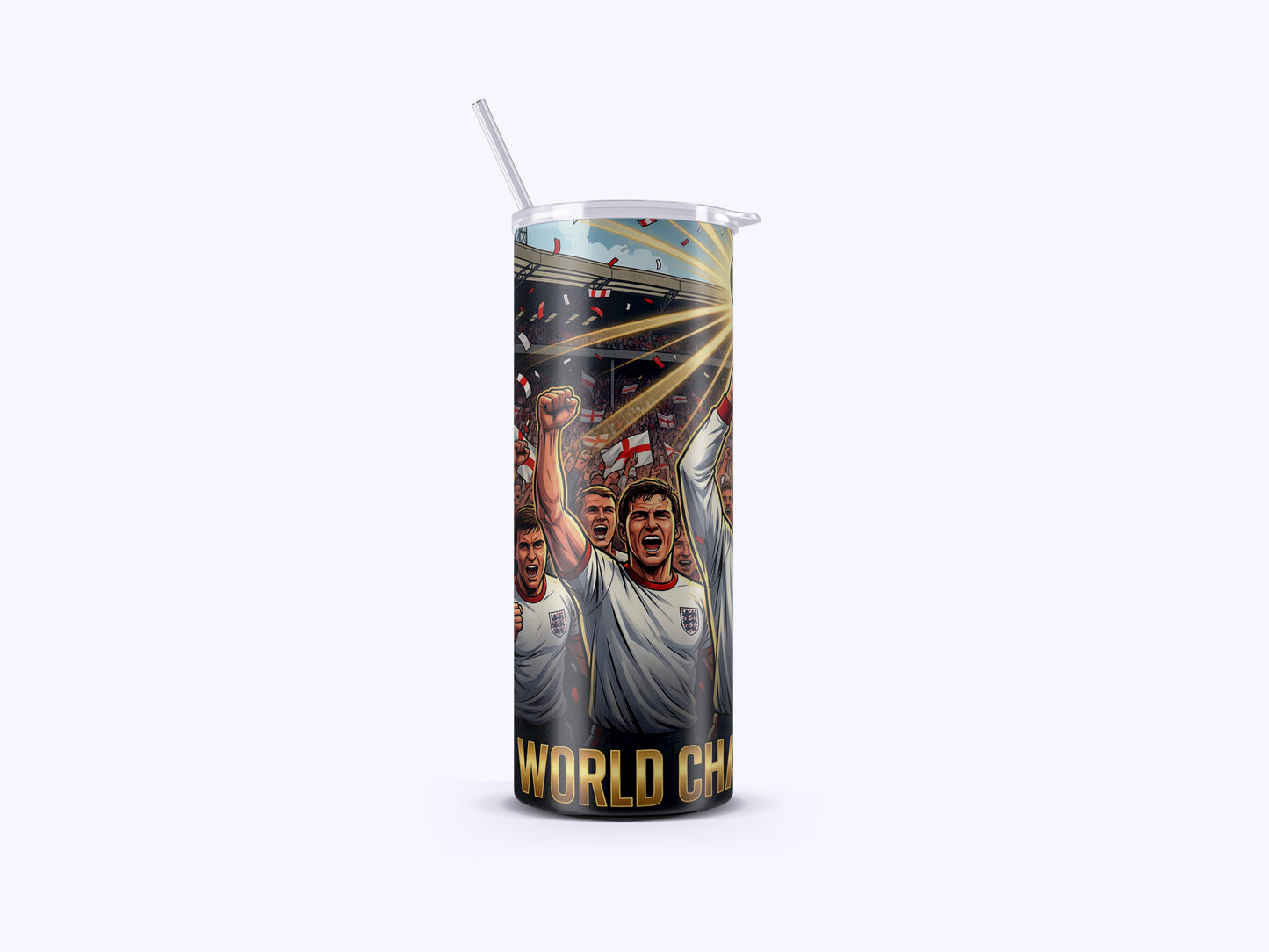 Tumbler with sports-themed design featuring athletes and 'World Champs' text on a white background