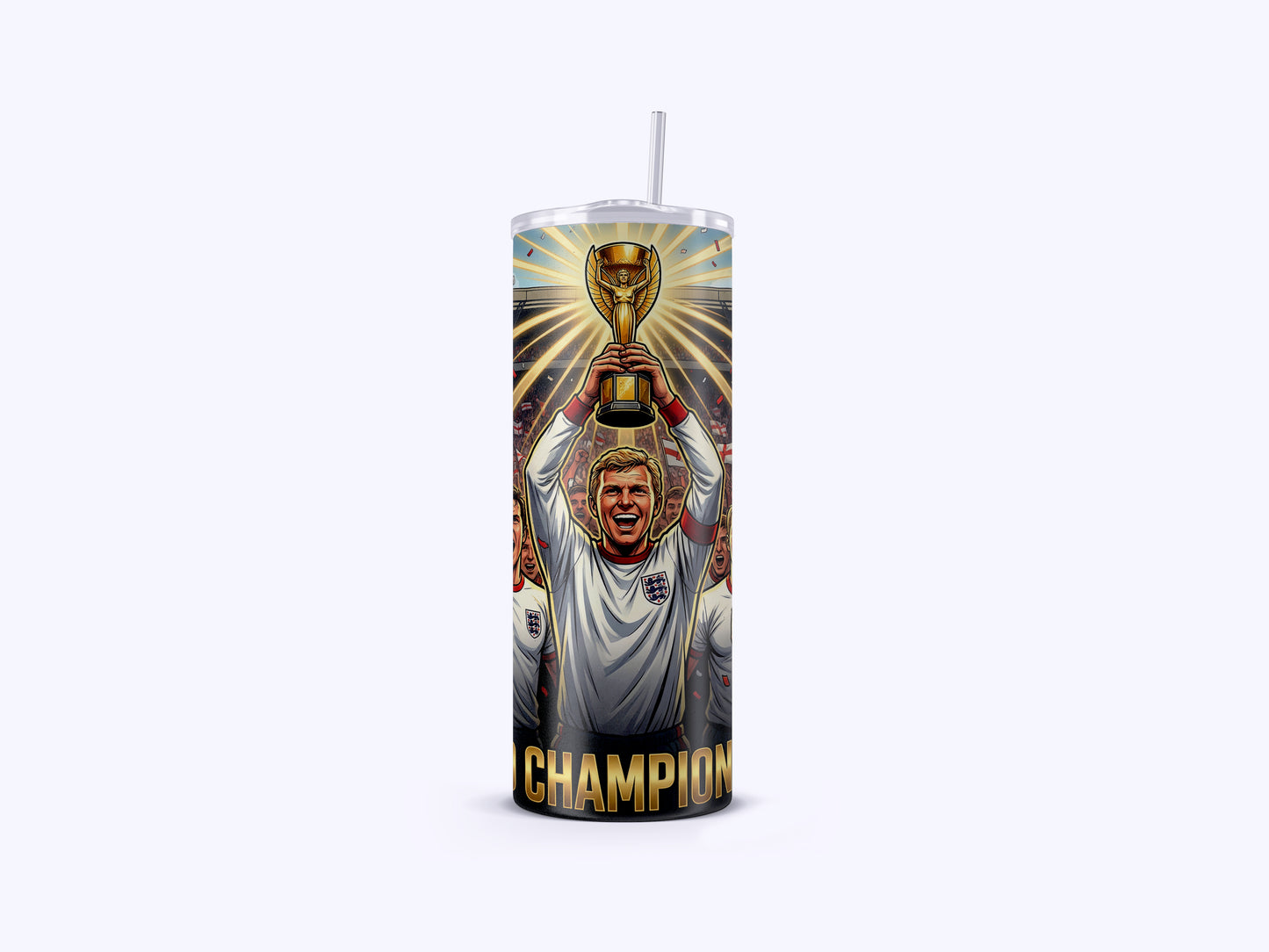 Tumbler with a soccer player holding a trophy and 'Champion' text on a white background