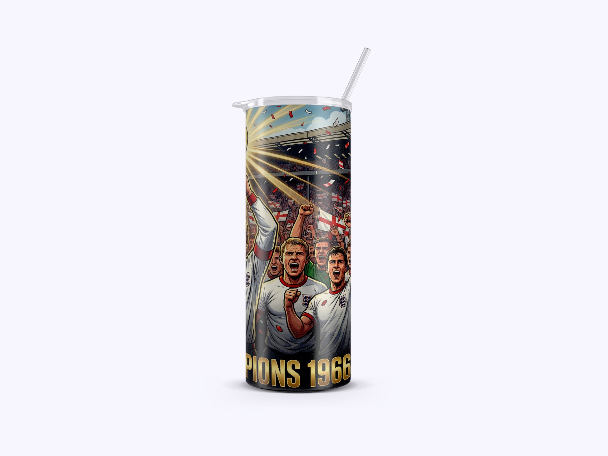 Tumbler with sports-themed design and text on a white background