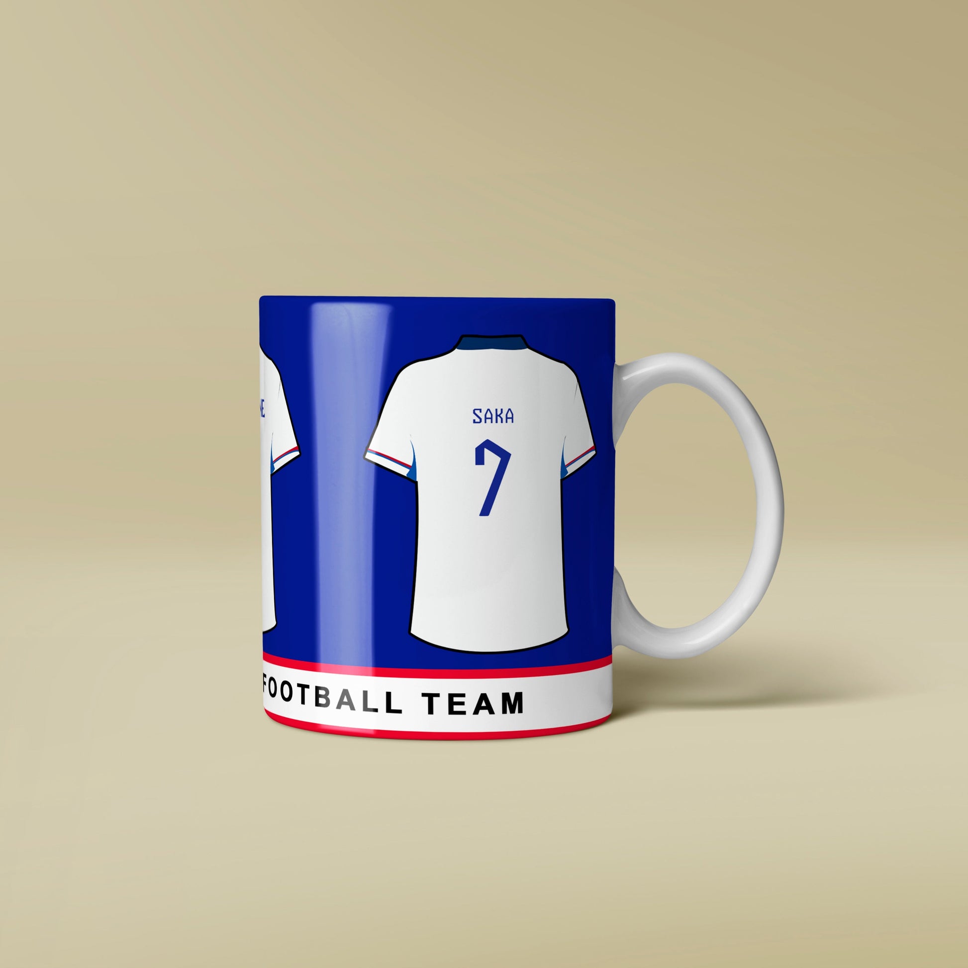 Mug with a design of a football jersey on a beige background